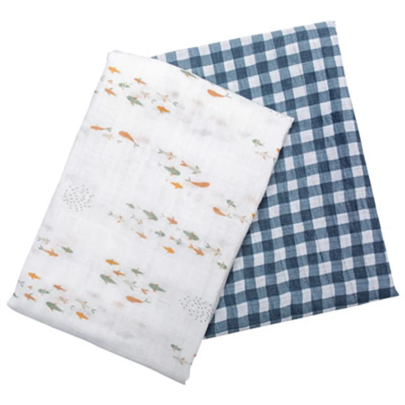 Lulujo Boho Muslin Swaddle - 2-Pack - Fish/Navy Gingham