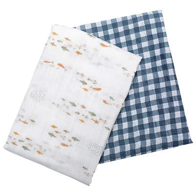 Lulujo Boho Muslin Swaddle - 2-Pack - Fish/Navy Gingham