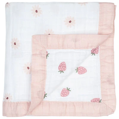 Lulujo Reversible Muslin Blanket - 3-Ply - Daisy/Strawberry