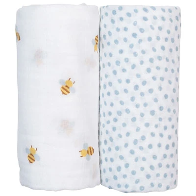 Lulujo Muslin Swaddles - 2 Pack - Bees/Blue Dots