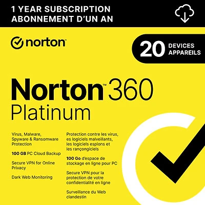 Norton 360 Platinum (PC/Mac/iOS/Android) - 20 Devices - 100GB Cloud Backup - 1 Year - Digital Download