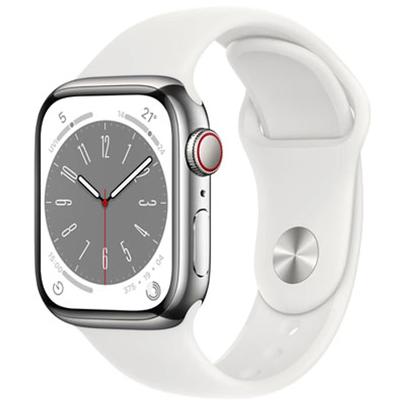 Koodo Apple Watch Series 8 (GPS + Cellular) 41mm Silver Stainless Steel Case with White Sport Band - Small/Medium - Monthly Tab Payment