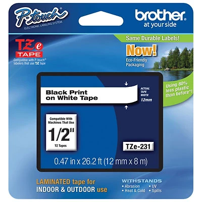 Brother 12mm Black on White Tape (TZE231G)