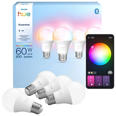 Philips Hue Essential A19 Smart LED Light Bulbs - 4 Pack - White & Colour Ambiance