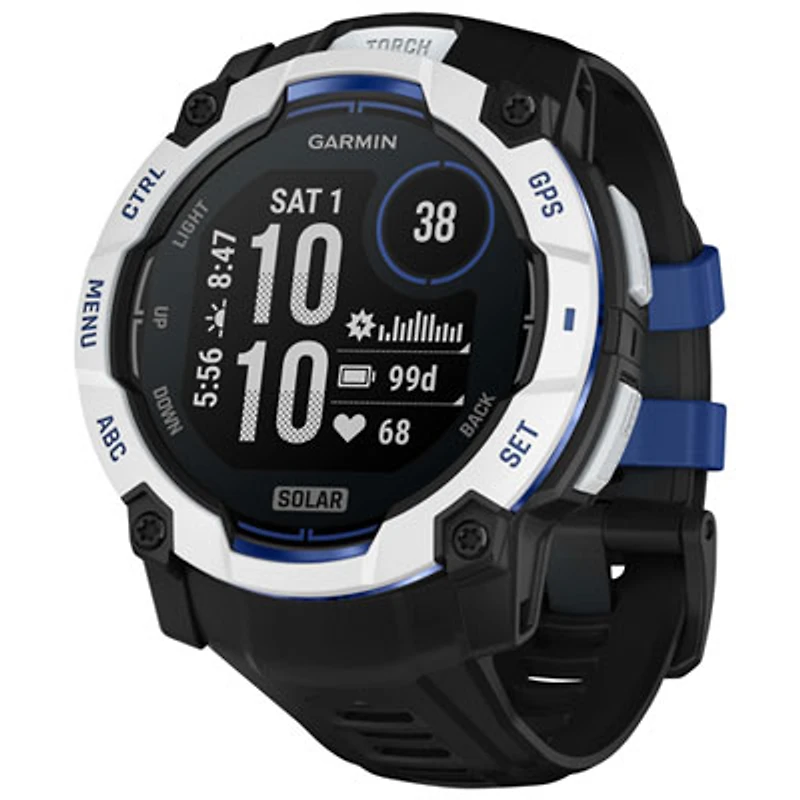 Garmin Instinct 3 Solar 50mm Bluetooth Multisport Smartwatch - White/Black/Bolt Blue Silicone Band