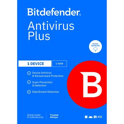 Bitdefender Antivirus Plus (PC/Mac/iOS/Android) - 1 Device - 1 User - 1 Year - Digital Download