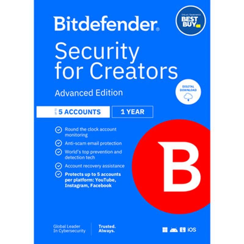 Bitdefender Security for Creators Advanced (PC/Mac/iOS/Android) -5 Accounts -3 User - 1 Year -Digital Download -Only at Best Buy