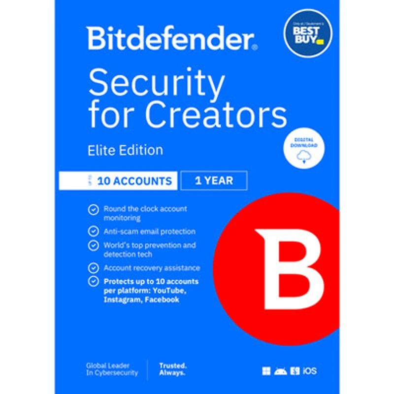 Bitdefender Security for Creators Elite Ed (PC/Mac/iOS/Android) -10 Accounts -5 User -1 Year -Digital Download -Only at Best Buy
