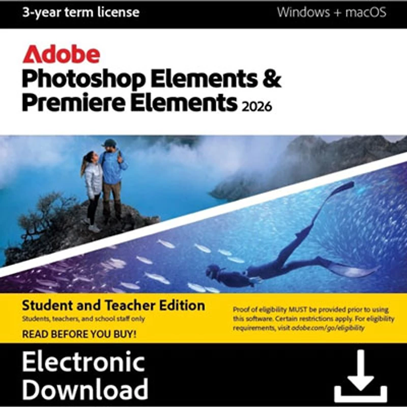 Adobe Photoshop Elements&Premiere Elements Student&Teacher Edition 2026 (PC/Mac) -1 User -3 Year - Digital Download