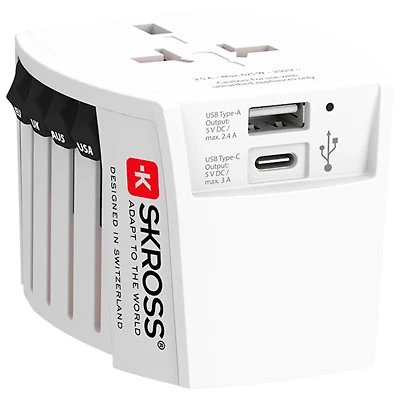SKROSS MUV World Travel Adapter with USB-C & USB-A Ports - White