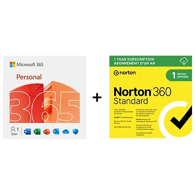 Microsoft Microsoft 365 Personal + Norton 360 Standard (PC/Mac) - 1 User - 1 Device - Bilingual - Digital Download