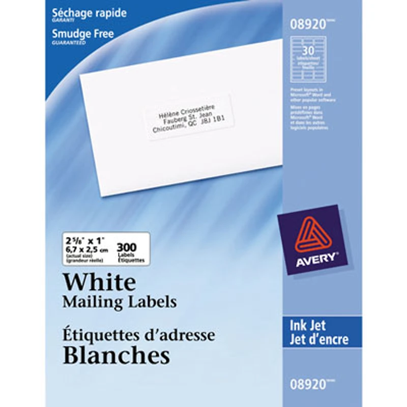 Avery 2 5/8" x 1" Ink Jet Mailing Labels - 300 Pack - White