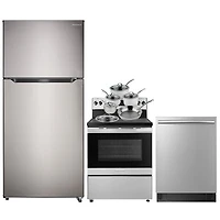 Insignia 30" 18 Cu. Ft. Top Freezer Refrigerator; Electric Range; Dishwasher; Cookware Set - Stainless