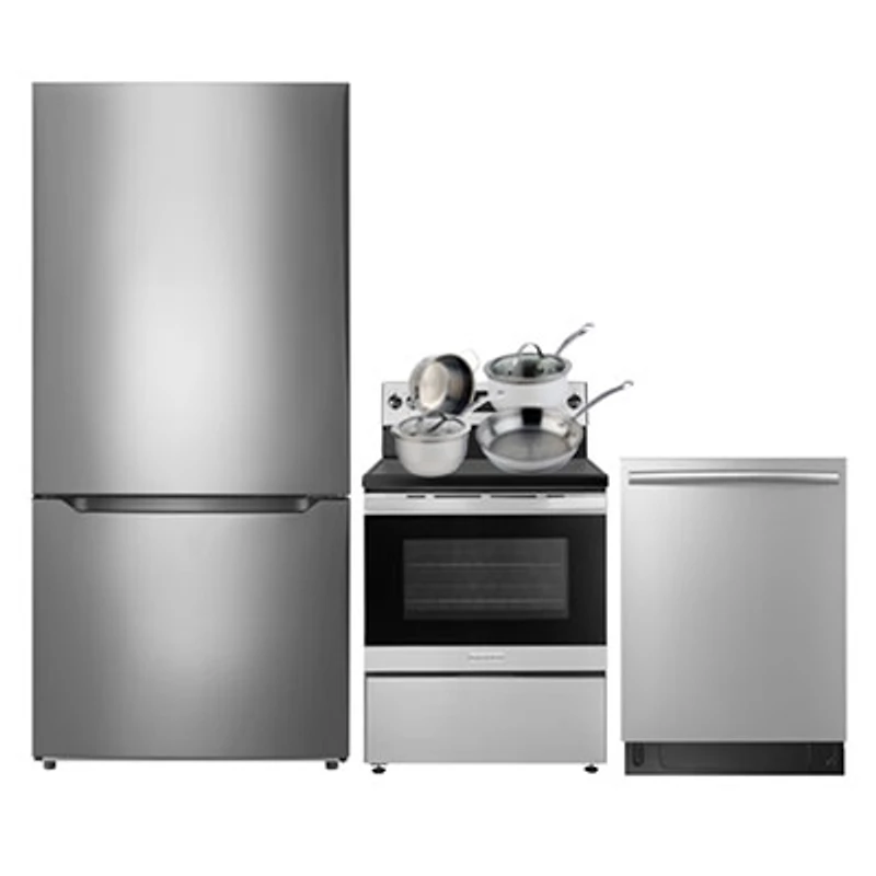 Insignia 30" 18.6 Cu. Ft. Bottom Freezer Refrigerator; Electric Range; Dishwasher; Cookware Set - SS