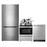 Insignia 30" 18.6 Cu. Ft. Bottom Freezer Refrigerator; Electric Range; Dishwasher; Cookware Set - SS