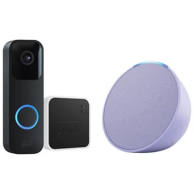 Blink Wired/Wire-Free Video Doorbell with Sync Module 2 & Amazon Echo Pop Smart Speaker - Black/Lavender Bloom