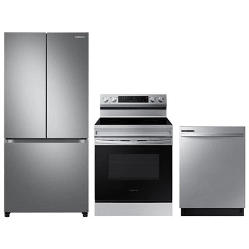 Samsung 33" 17.5 Cu. Ft. Counter-Depth French Door Refrigerator; Electric Range; Dishwasher - Stainless Steel