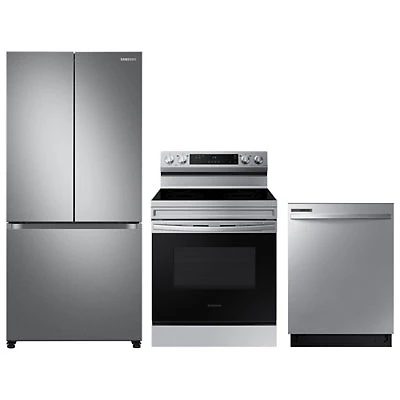 Samsung 33" 17.5 Cu. Ft. Counter-Depth French Door Refrigerator; Electric Range; Dishwasher - Stainless Steel