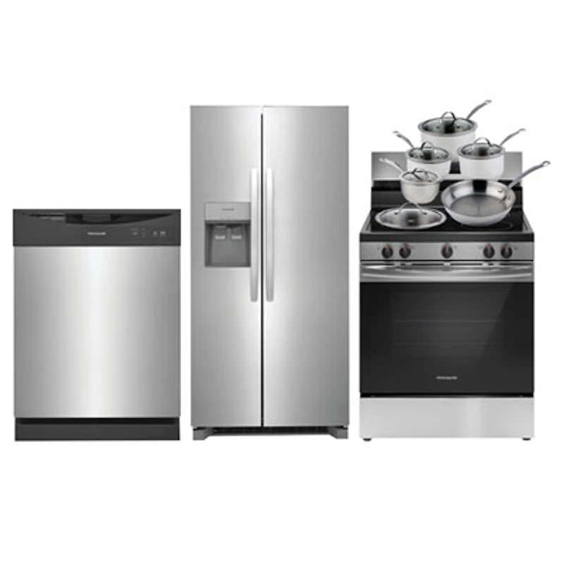 Frigidaire 33" 22.3 Cu. Ft. Side-By-Side Refrigerator; Electric Range; Dishwasher; Cookware Set - Stainless