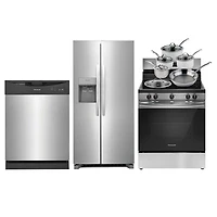 Frigidaire 33" 22.3 Cu. Ft. Side-By-Side Refrigerator; Electric Range; Dishwasher; Cookware Set - Stainless
