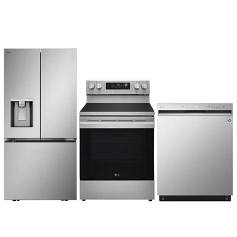 LG 33" 20.2 Cu. Ft. French Door Refrigerator; Electric Range; Dishwasher - Stainless Steel