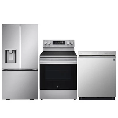 LG 33" 20.2 Cu. Ft. French Door Refrigerator; Electric Range; Dishwasher - Stainless Steel