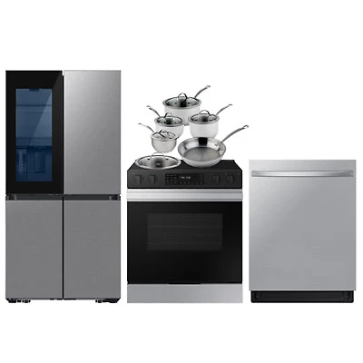 Samsung BESPOKE 36" 22.8 Cu Ft Counter Depth 4-Door French Door Refrigerator; Electric Range; Dishwasher; Cookware Set - SS