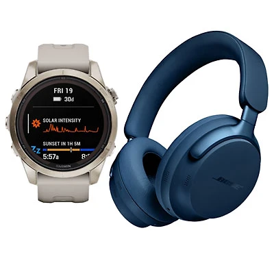 Garmin fēnix 7S Pro Sapphire Solar 42mm Smartwatch & Bose QuietComfort Ultra Over-Ear Headphones -Soft Gold/Light Sand/Lunar Blue