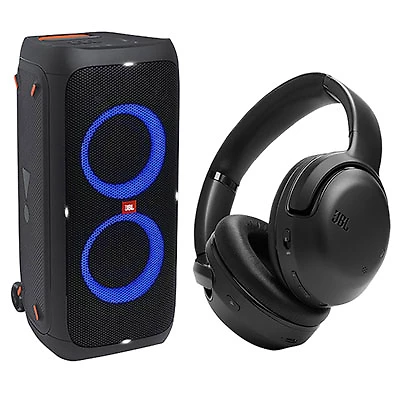 JBL PartyBox 310 Splashproof Bluetooth Wireless Speaker & Tour One M2 Over-ear BT Headphones – Black