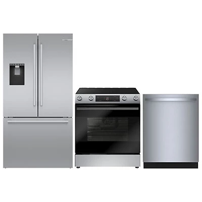 Bosch 36" 26 Cu. Ft. French Door Refrigerator; Electric Air Fry Range; Dishwasher - Stainless Steel