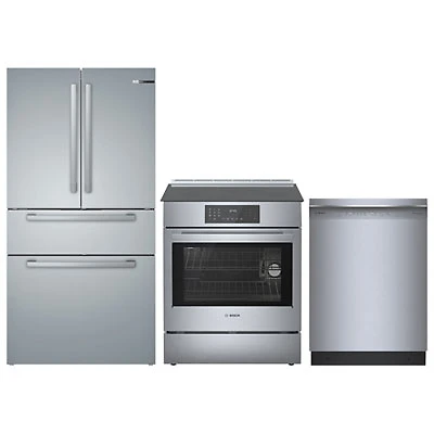 Bosch 30" 4.6 Cu. Ft. True Convection Slide-In Induction Range; 4-Door French Door Refrigerator; Dishwasher - Stainless Steel