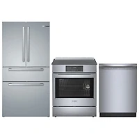 Bosch 30" 4.6 Cu. Ft. True Convection Slide-In Induction Range; 4-Door French Door Refrigerator; Dishwasher - Stainless Steel