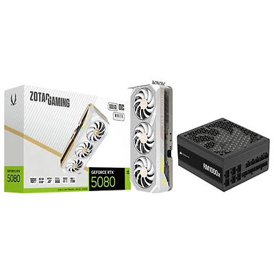 ZOTAC Gaming GeForce RTX 5080 Solid Core OC White Edition 16GB GDDR7 Video Card with 1000-Watt ATX Fully Modular Power Supply
