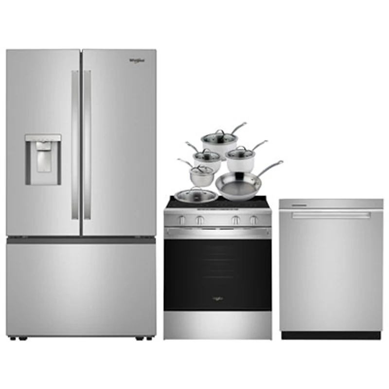 Whirlpool 36" Cu Ft French Door Refrigerator; Electric Air Fry Range; Dishwasher; Cookware Set