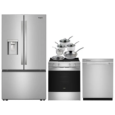 Whirlpool 36" Cu Ft French Door Refrigerator; Electric Air Fry Range; Dishwasher; Cookware Set
