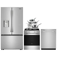 Whirlpool 36" Cu Ft French Door Refrigerator; Electric Air Fry Range; Dishwasher; Cookware Set