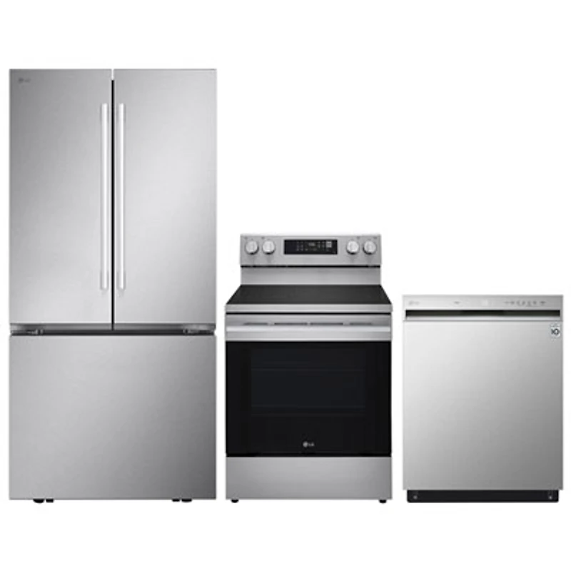 LG 33" 25 Cu. Ft. French Door Refrigerator; Electric Air Fry Range; Dishwasher - Stainless Steel