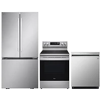 LG 33" 25 Cu. Ft. French Door Refrigerator; Electric Air Fry Range; Dishwasher - Stainless Steel