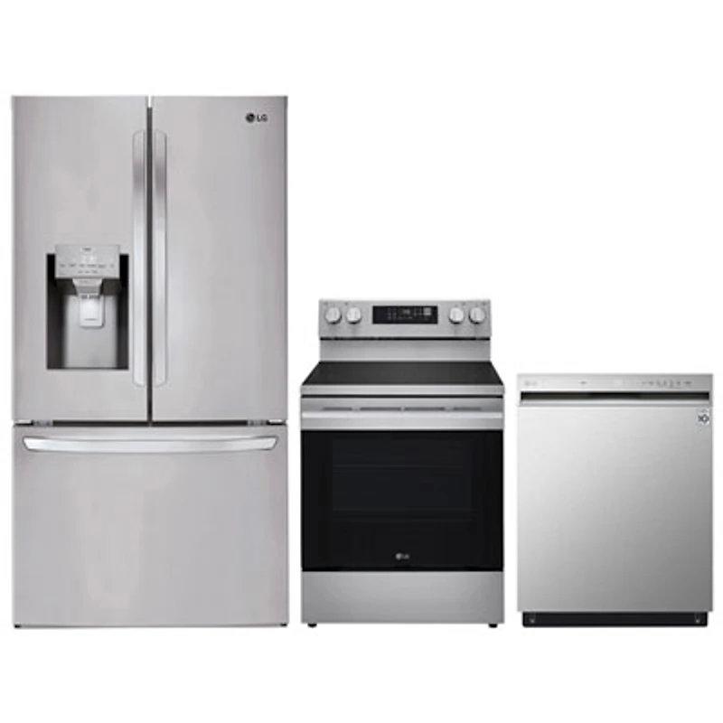 LG 36" 27.7 Cu. Ft. French Door Refrigerator; Electric Air Fry Range; Dishwasher - Stainless Steel