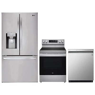 LG 36" 27.7 Cu. Ft. French Door Refrigerator; Electric Air Fry Range; Dishwasher - Stainless Steel