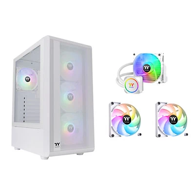 Thermaltake S200TG ARGB Plus Mid-Tower ATX Computer Case w/ ARGB Liquid CPU Cooler & 2-Pack CT120 Case Fans - White
