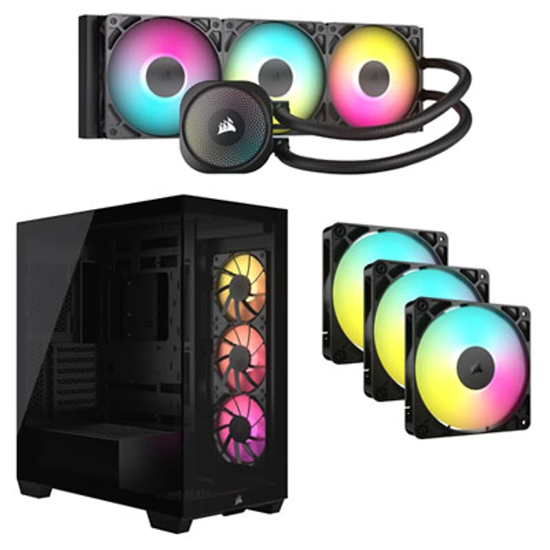 Corsair Nautilus 360 RS ARGB Liquid CPU Cooling System w/ ATX Computer Case & 120mm PWM Triple Case Fan Kit - Black