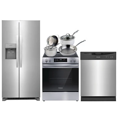 Frigidaire 33" 22.3 Cu. Ft. Side-By-Side Refrigerator; Electric Range; Dishwasher; Cookware Set - Stainless Steel