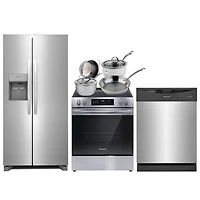Frigidaire 33" 22.3 Cu. Ft. Side-By-Side Refrigerator; Electric Range; Dishwasher; Cookware Set - Stainless Steel