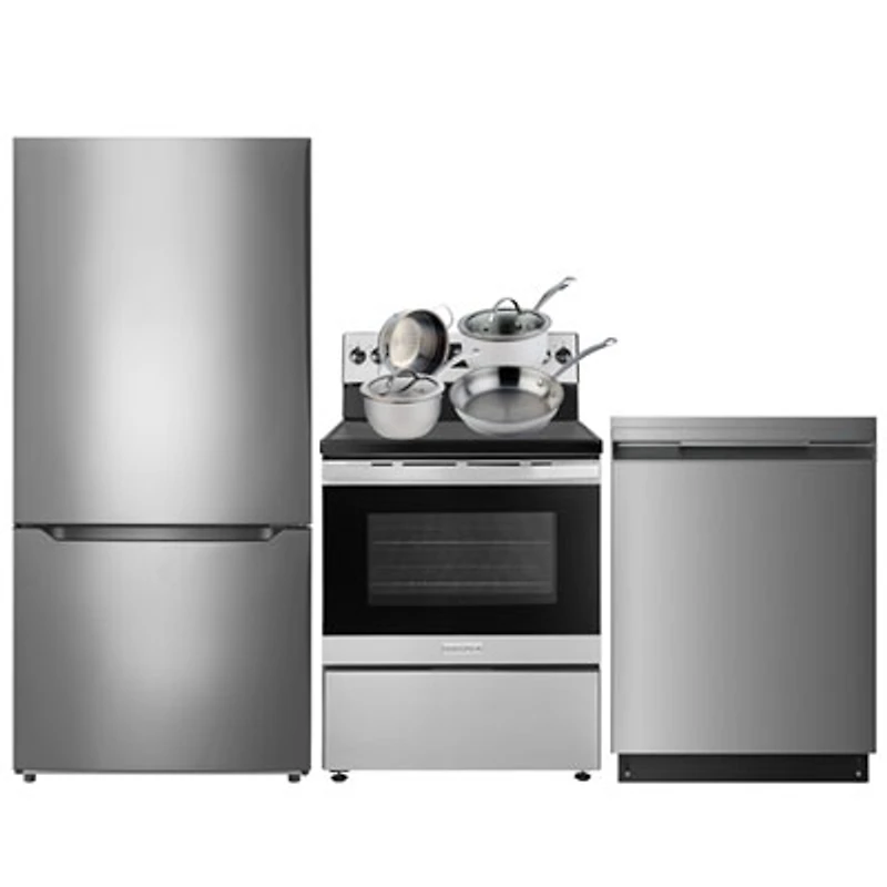 Insignia 30" 18.6 Cu. Ft. Bottom Freezer Refrigerator; Electric Range; Dishwasher; Cookware - Stainless Steel