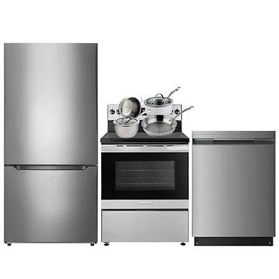 Insignia 30" 18.6 Cu. Ft. Bottom Freezer Refrigerator; Electric Range; Dishwasher; Cookware - Stainless Steel