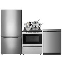 Insignia 30" 18.6 Cu. Ft. Bottom Freezer Refrigerator; Electric Range; Dishwasher; Cookware - Stainless Steel