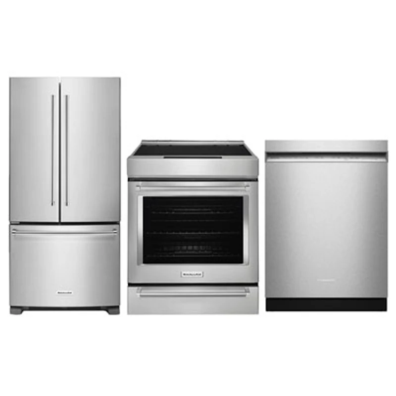 KitchenAid 30" 6.4 Cu Ft True Convection Slide-In Induction Range; French Door Refrigerator; Dishwasher - Stainless Steel