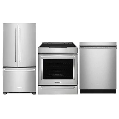 KitchenAid 30" 6.4 Cu Ft True Convection Slide-In Induction Range; French Door Refrigerator; Dishwasher - Stainless Steel