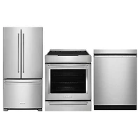 KitchenAid 30" 6.4 Cu Ft True Convection Slide-In Induction Range; French Door Refrigerator; Dishwasher - Stainless Steel